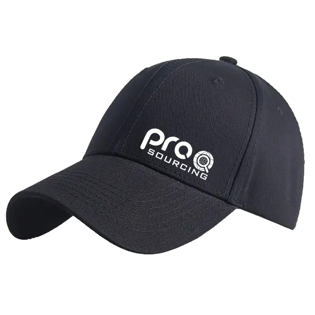 Black six-panel baseball cap with an embroidered front logo