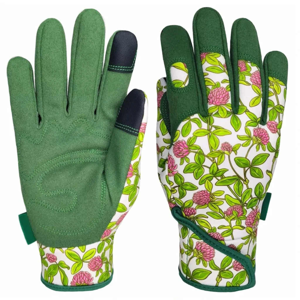Green gardening work gloves with a floral cotton back
