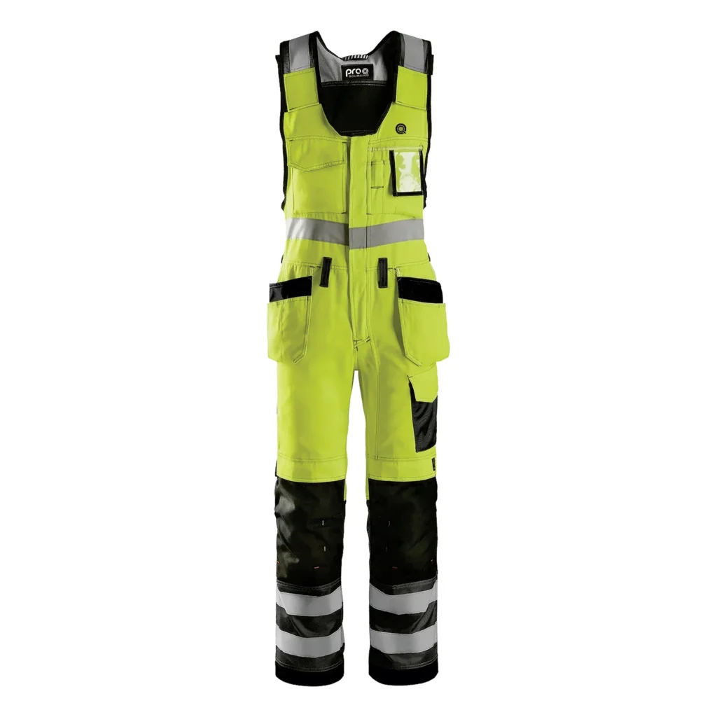 Fluorescent yellow hi-vis bib overall with reflective stripes
